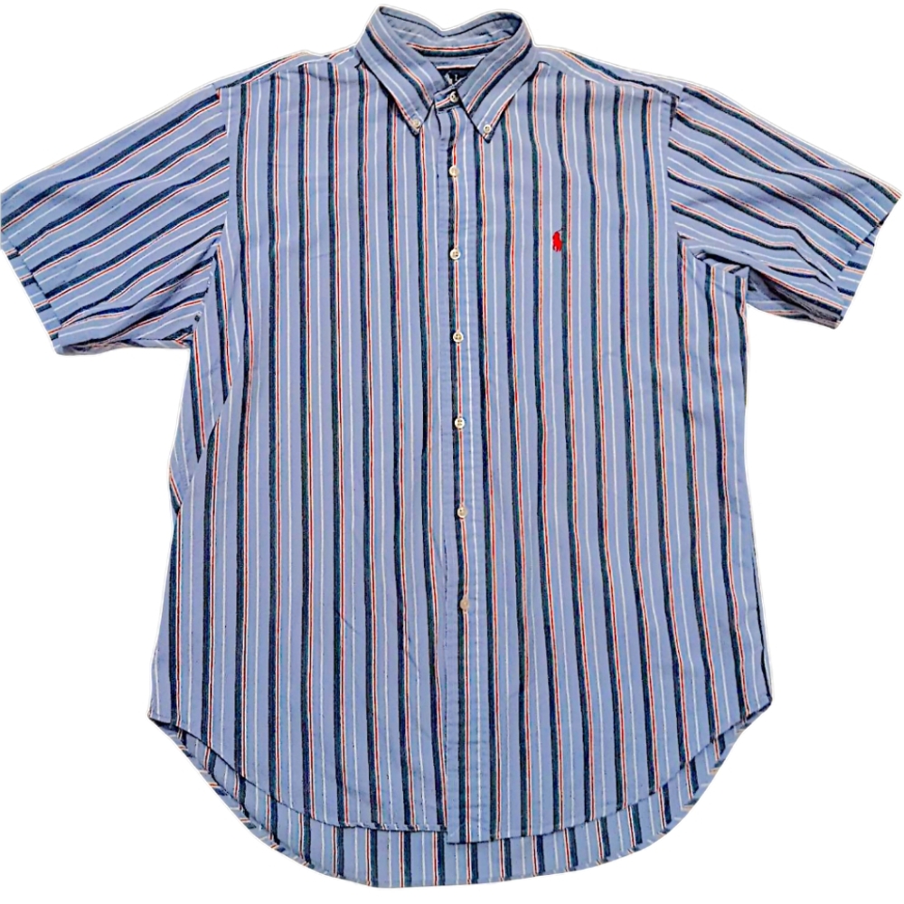Ralph Lauren Men’s Large Short Sleeve Button Down Shirt Blue Stripe Cotton Polo
